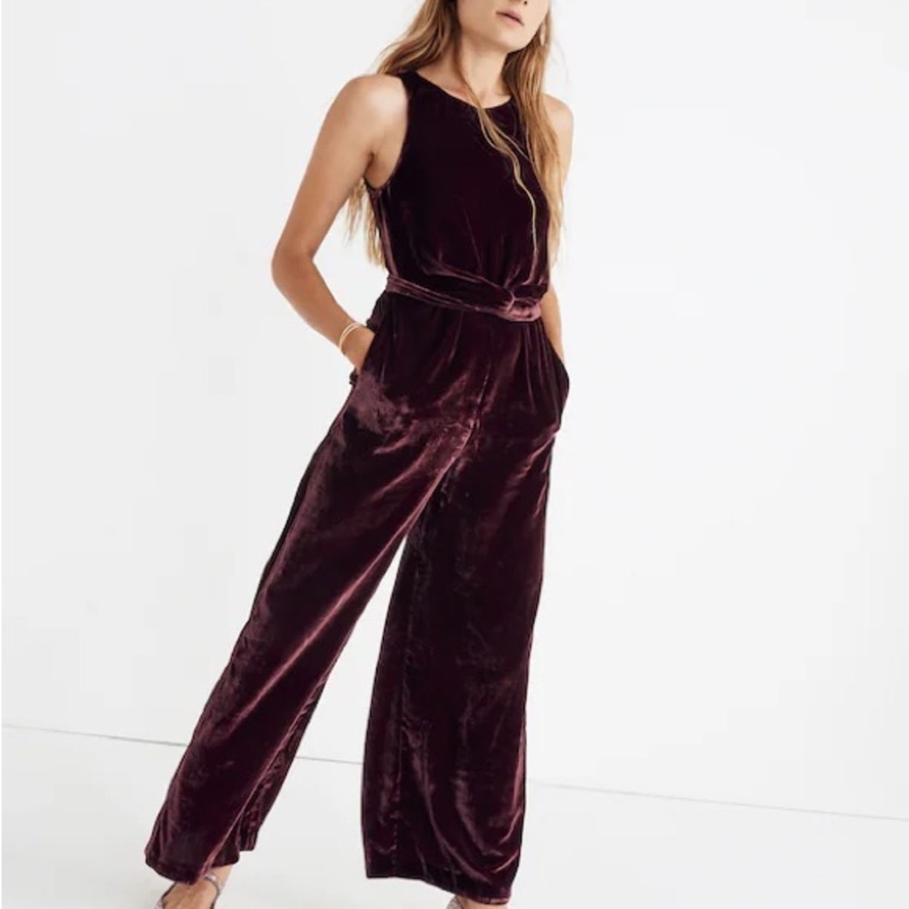 Madewell Velvet Twist-Front Jumpsuit in Deep Burgundy